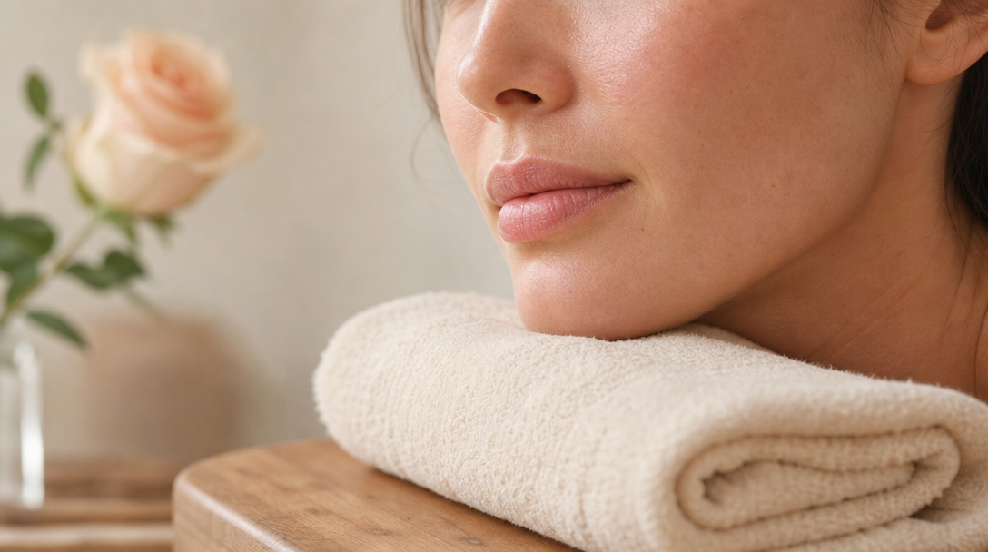 A close-up of calm, even-toned skin resting on a soft cream towel after healing