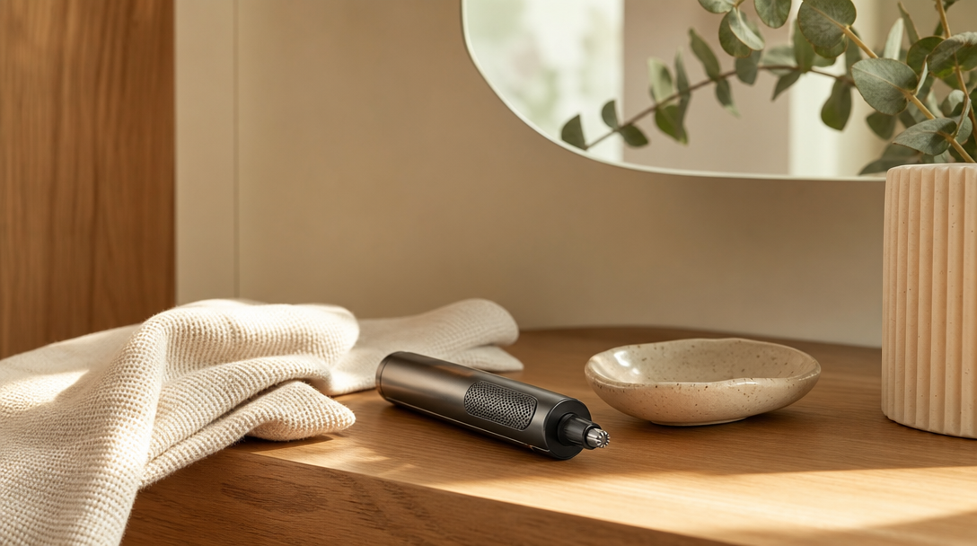 An electric ear trimmer and cloth on a warm wooden surface