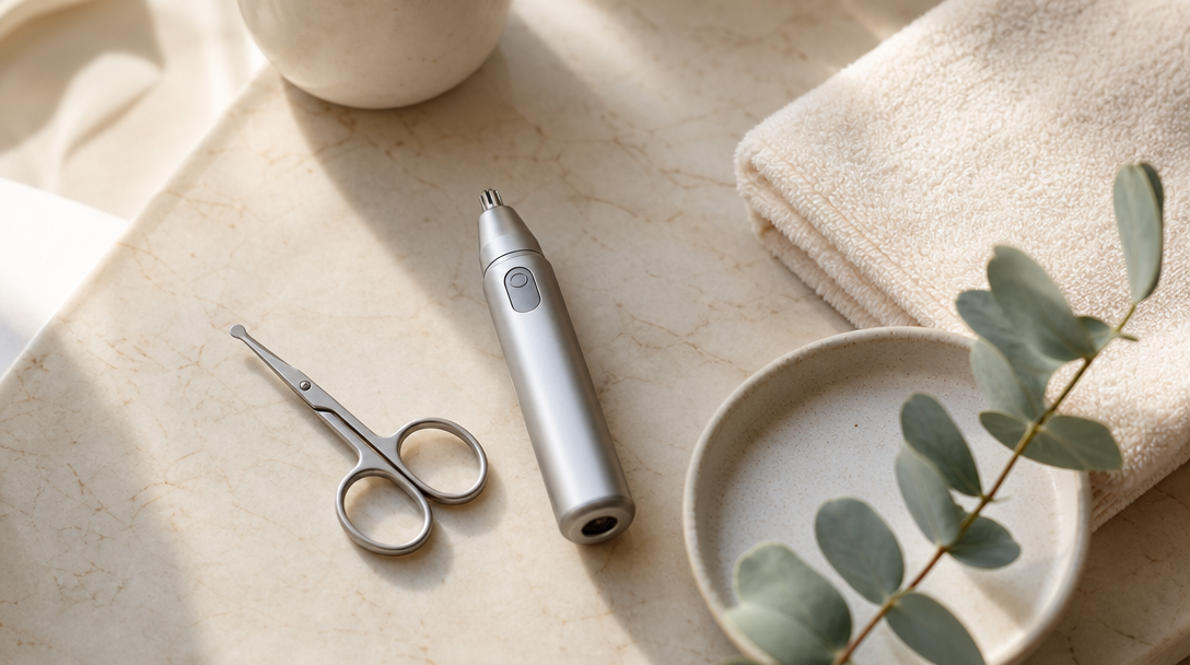 A clean cream surface holds round-tip nose scissors, a small electric trimmer and a soft towel beside a sprig of eucalyptus