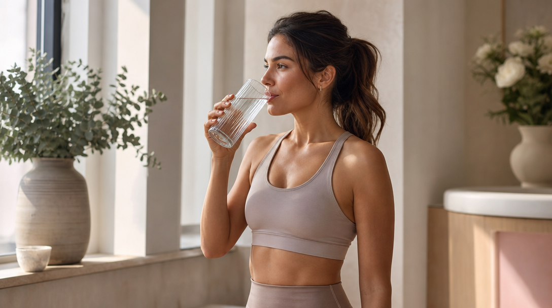 A woman hydrating by a window to support fat-dissolving treatment recovery