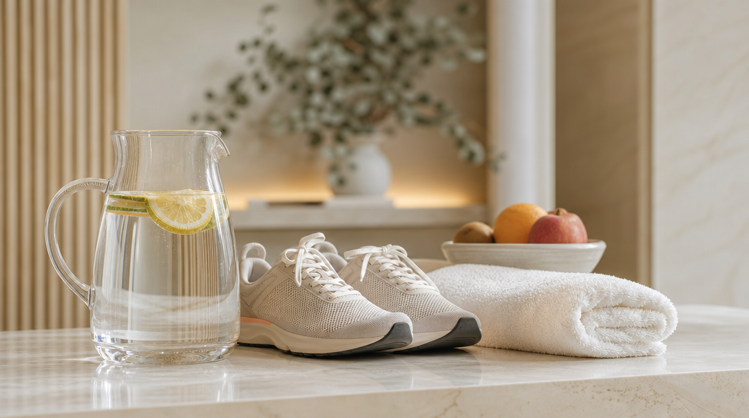 A water jug, trainers and fresh fruit arranged to show a healthy recovery routine