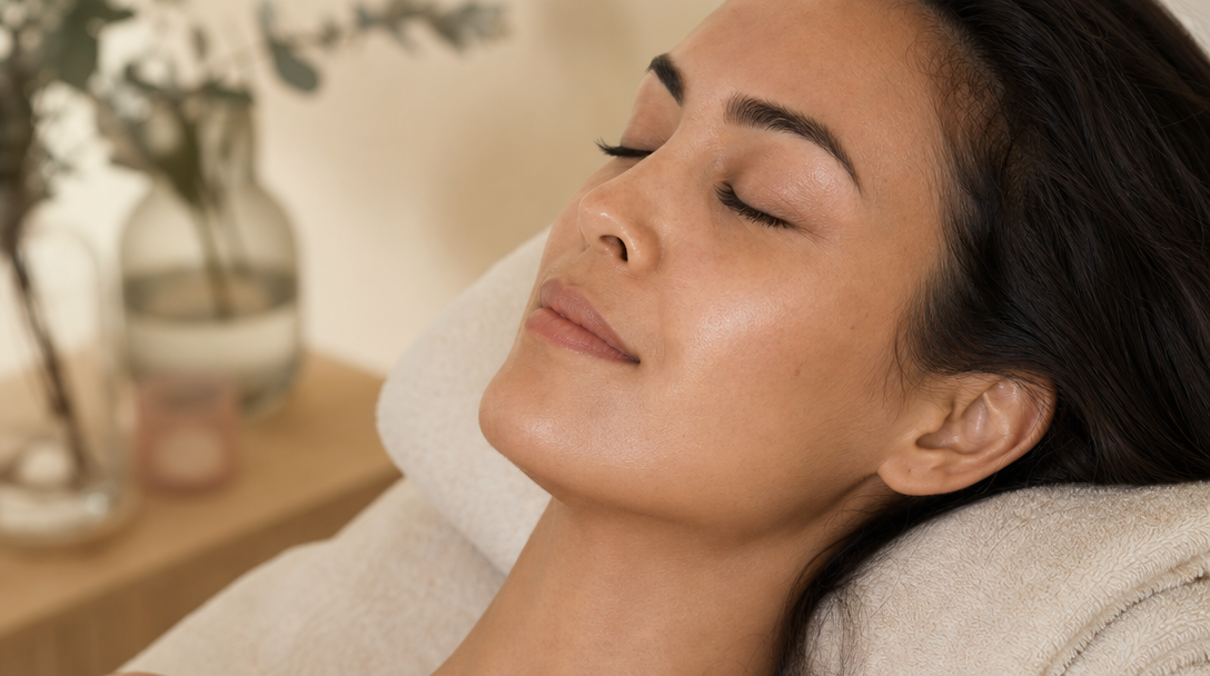 Close-up of naturally glowing, even-toned skin on a cheek and jawline resting against a soft cream towel