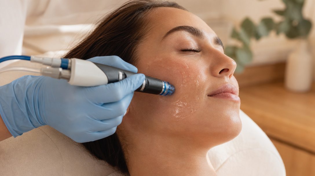 Close-up of a Hydrafacial handpiece gliding across a patient's cheek with a soft fluid sheen at the skin's surface