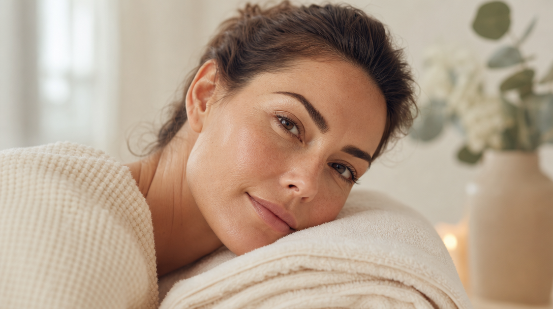 A calm, even-toned cheek resting against a soft cream towel in warm natural light