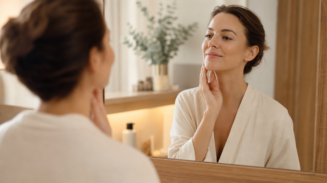A woman admiring her fresh, dewy skin in a mirror after a Hydrafacial