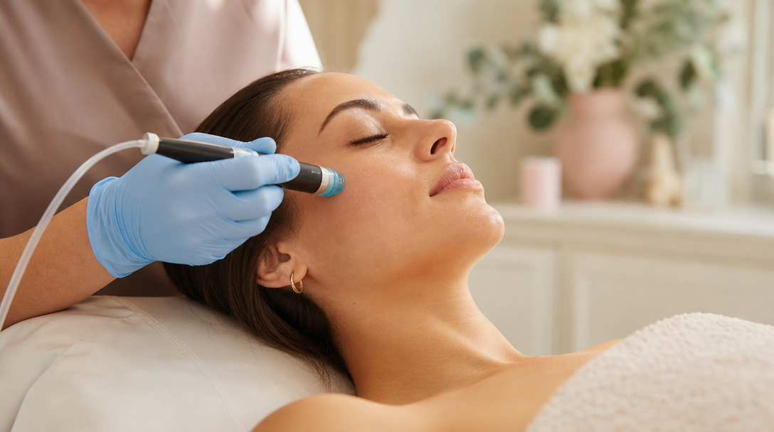 A gloved clinician guides a Hydrafacial vortex handpiece across a patient's cheek in a warm treatment room