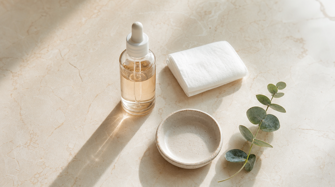 Editorial still life of a serum dropper, a cotton pad and a sprig of eucalyptus on a cream surface