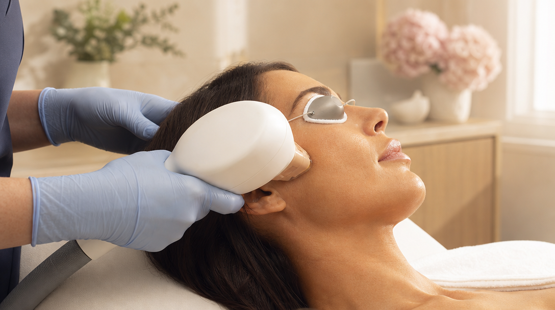 A clinician guides an IPL handpiece across a patient's cheekbone during a skin rejuvenation session in a calm, warm treatment room