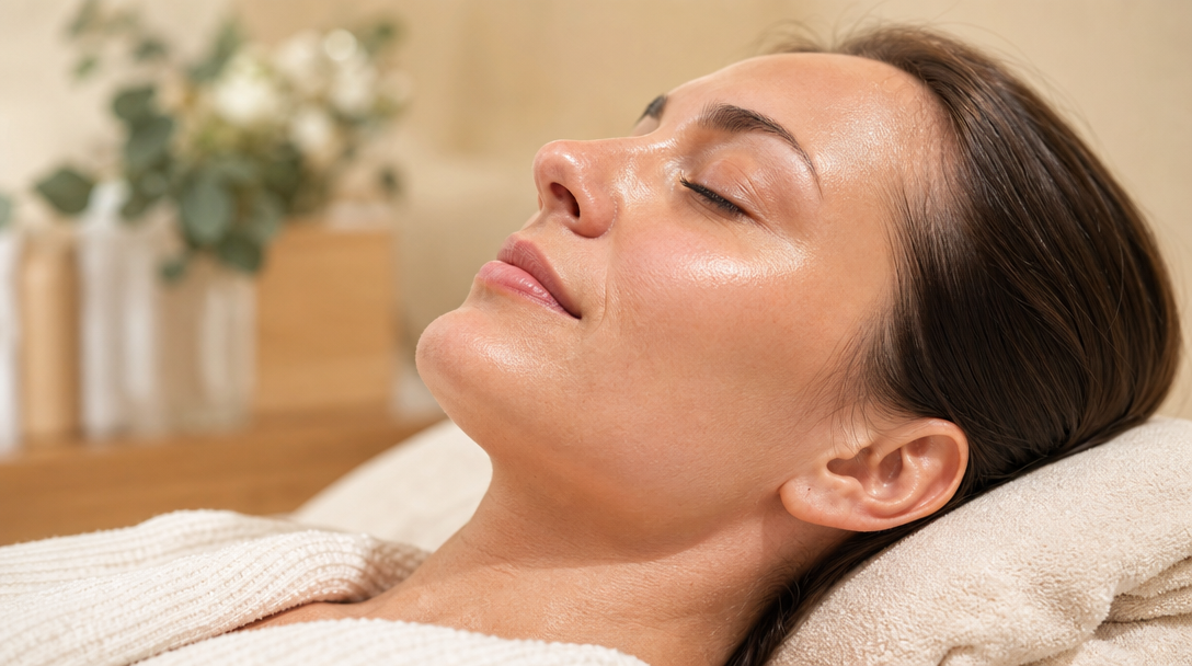 Close-up of clear, even-toned cheek skin resting against a soft cream towel in warm natural light after IPL recovery