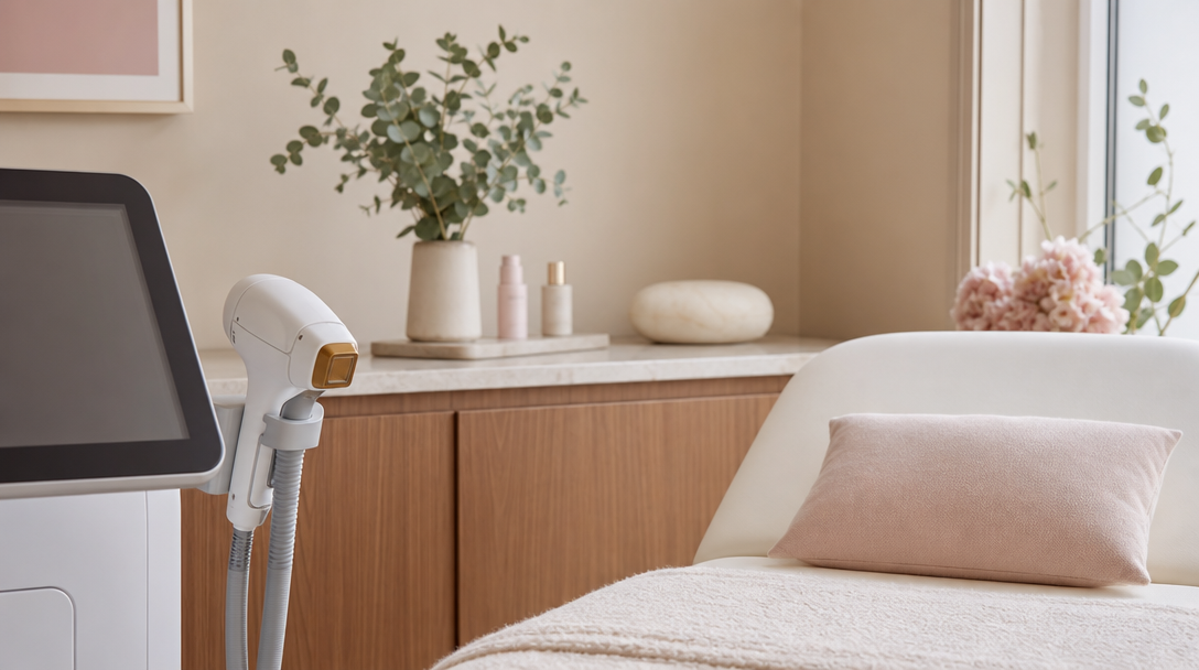 A modern, warm aesthetic-clinic treatment room with cream walls, warm wood and soft daylight, with light-based skin equipment ready for a session
