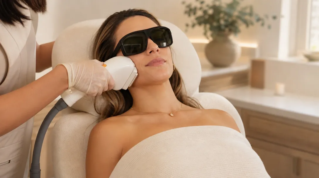 A CoLaz clinician in branded uniform calibrates an IPL handpiece next to a patient before a skin rejuvenation session in a calmly lit treatment room