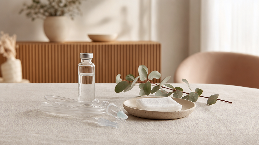 Editorial still life of a clear glass vial, a coiled infusion line and a sprig of eucalyptus on cream linen