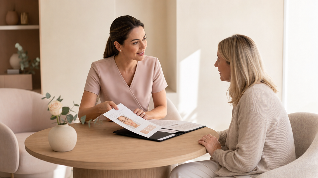 Clinician and patient reviewing a written treatment plan across a low wooden table in a calm consultation room