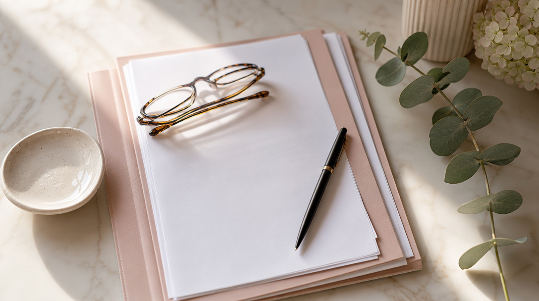 Plain documents in a blush folder with reading glasses, a pen and eucalyptus on a cream marble surface