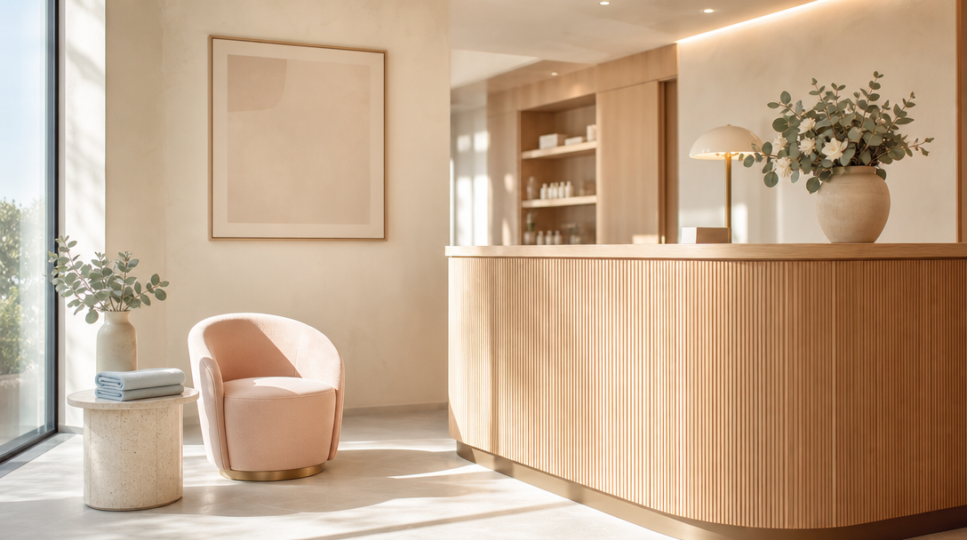 Calm cream and warm-wood aesthetic clinic reception with a blush armchair and eucalyptus in a ceramic vase