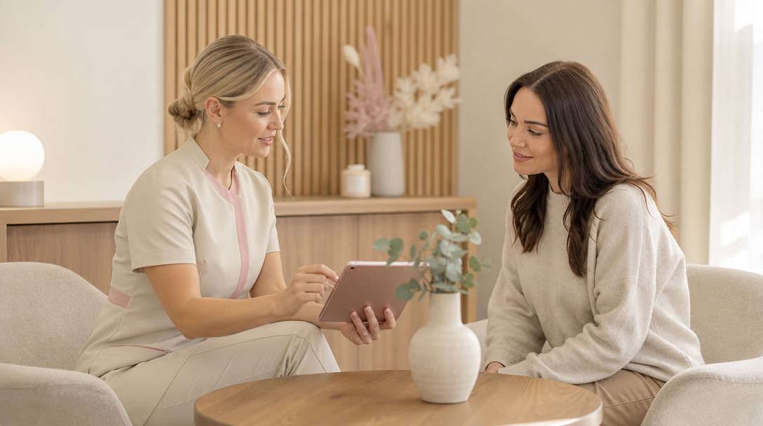 A CoLaz clinician reviewing a laser hair removal plan with a patient at a calm, softly lit consultation desk