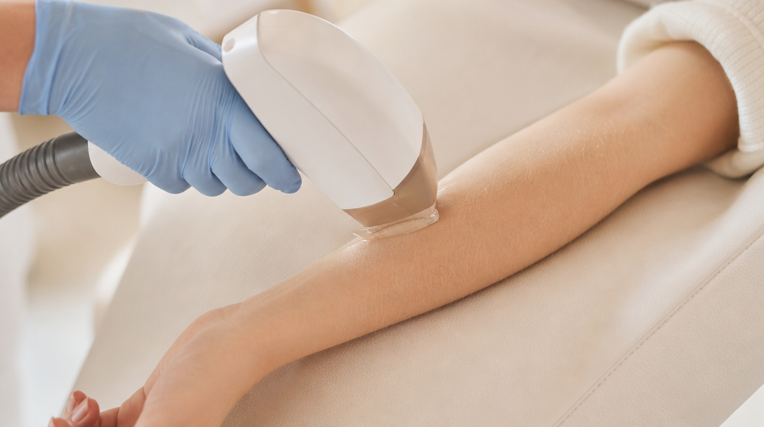 A clinician's gloved hand guiding a chilled laser handpiece along a patient's forearm in a calm treatment room