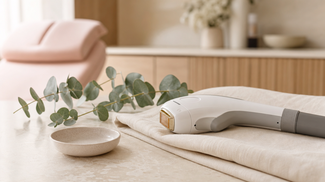 Editorial still life on a cream surface: a laser handpiece, folded cream towel and a sprig of eucalyptus in soft natural light