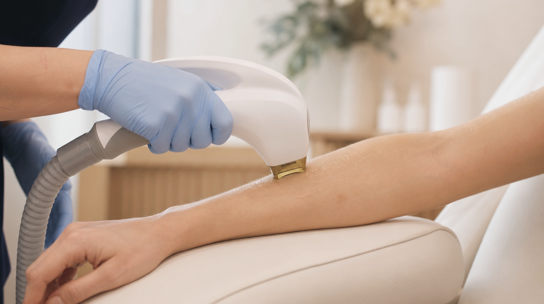 A clinician in a soft-pink CoLaz uniform guides a chilled laser handpiece along a patient's forearm on a cream treatment bed