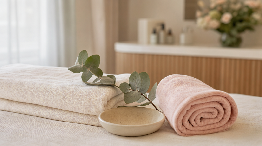 Editorial still life on a cream linen surface with a soft folded towel, a sprig of eucalyptus and a small ceramic dish in soft daylight