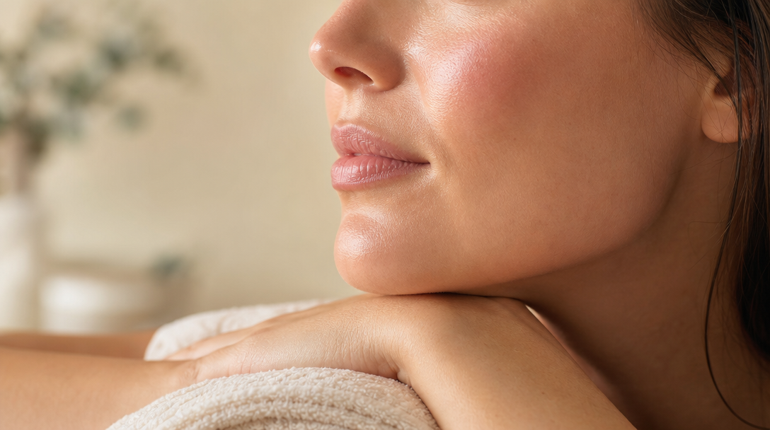 Close-up of smooth, even-toned skin along a woman's jawline and cheek resting against a soft cream towel.