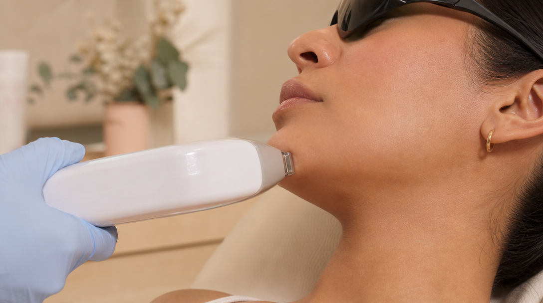 A laser hair removal handpiece guided along the jawline of a relaxed patient during a session at a CoLaz clinic