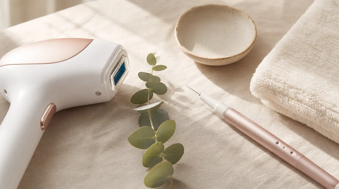 A laser hair removal handpiece and a fine electrolysis probe arranged side by side on cream linen