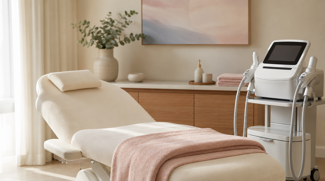 A calm, empty aesthetic-clinic treatment room with a cream treatment bed, warm wood counter and eucalyptus in soft daylight