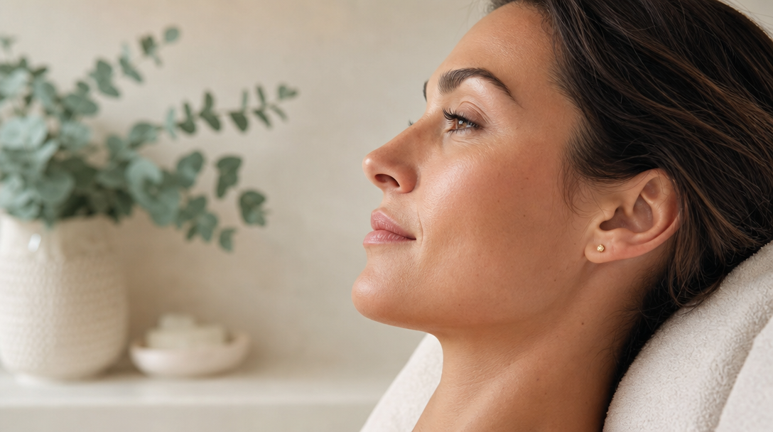 Close-up of a smooth, evenly toned jawline and chin resting on a soft cream towel in warm natural light