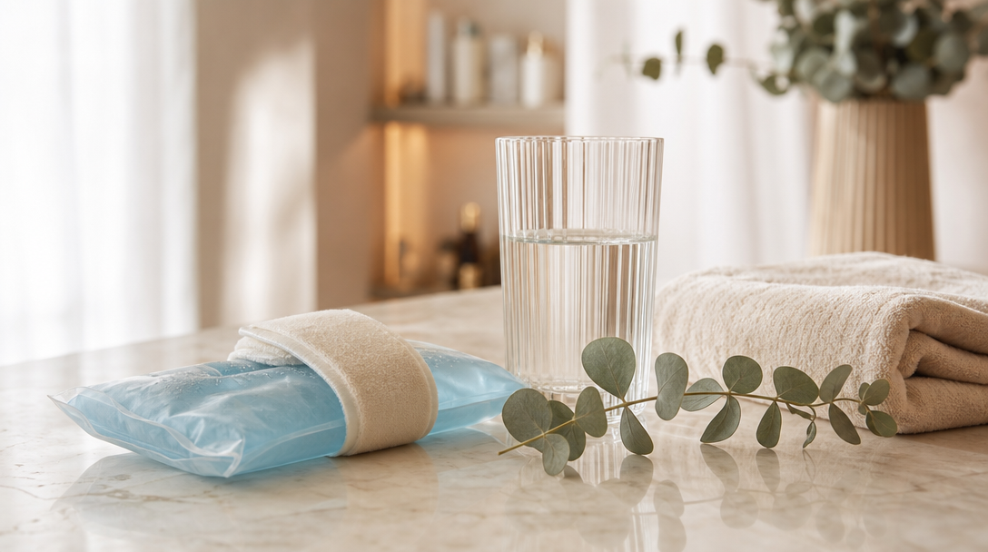 A cold compress, glass of water and folded towel arranged for treatment aftercare