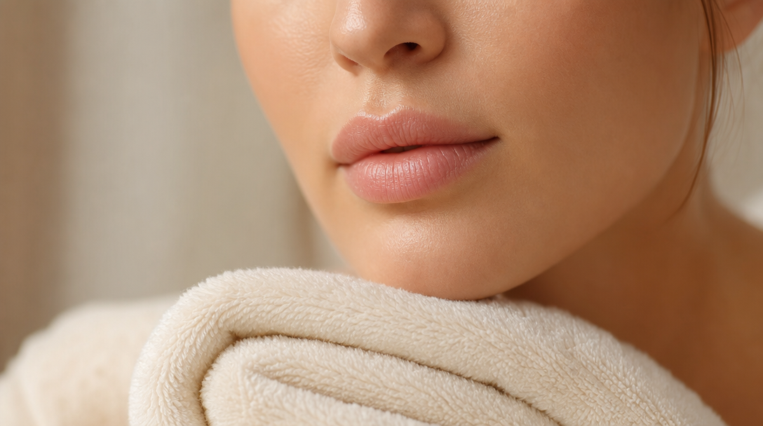 Close-up of a person's lower face with healthy, naturally even, softly defined lips resting against a soft cream towel