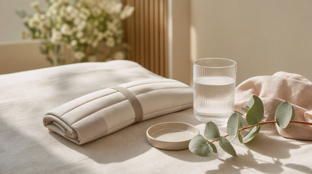Editorial still life on a cream linen surface: a wrapped cold compress, a glass of water, a folded soft cloth and a sprig of eucalyptus