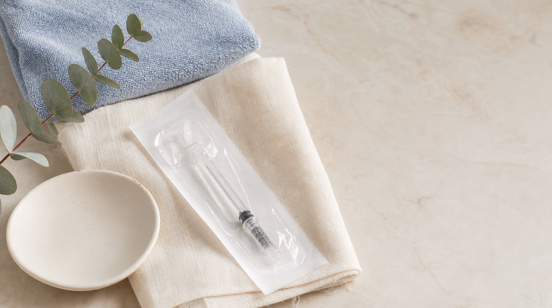 Sealed sterile syringe on cream linen with a ceramic dish, pale blue towel and a sprig of eucalyptus