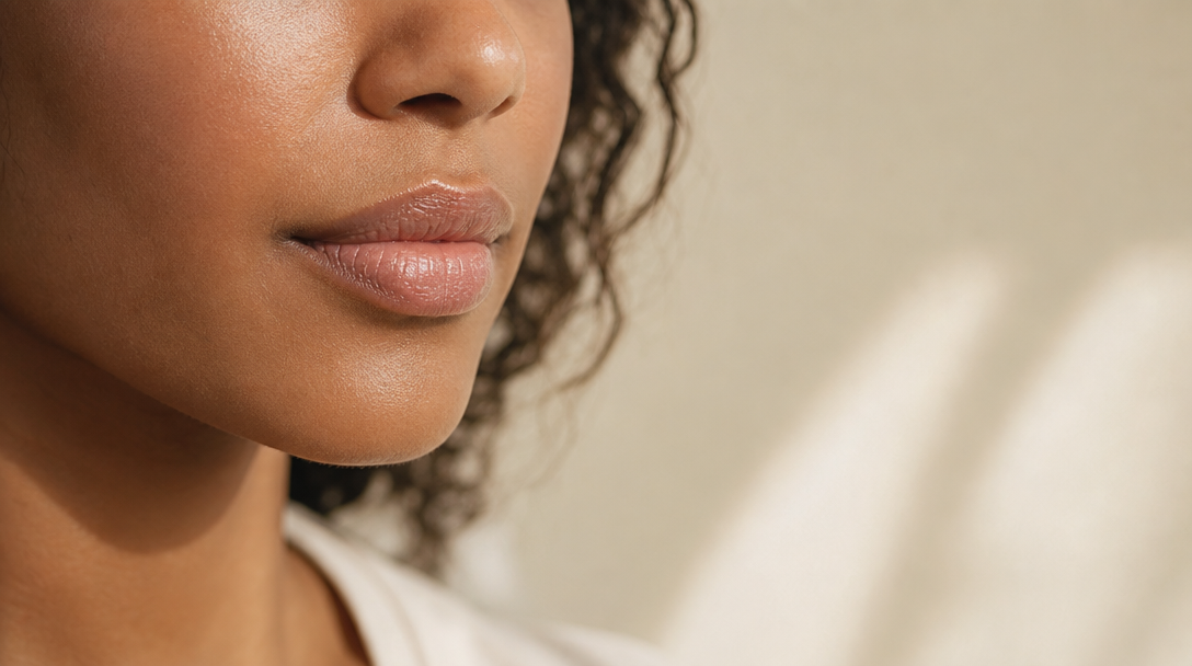 Close-up of the lower half of a woman's face in soft side light with naturally proportioned lips and even-toned skin