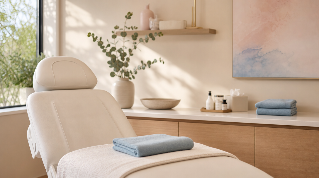 A calm, warm aesthetic treatment room with cream walls, warm wood and soft daylight