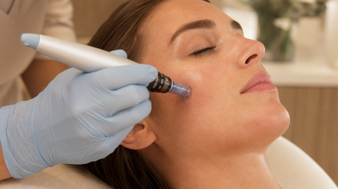 Clinician in a cream uniform guiding a microneedling pen across a patient's cheek in a warm treatment room