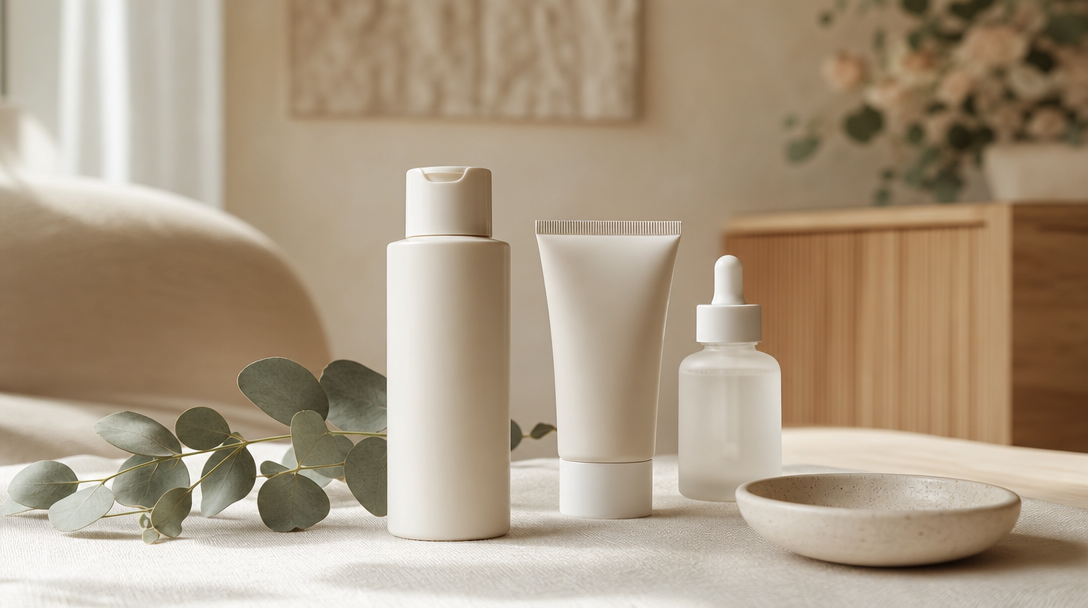 Editorial still life of a mineral sunscreen bottle, a plain moisturiser and a sprig of eucalyptus on a cream linen surface