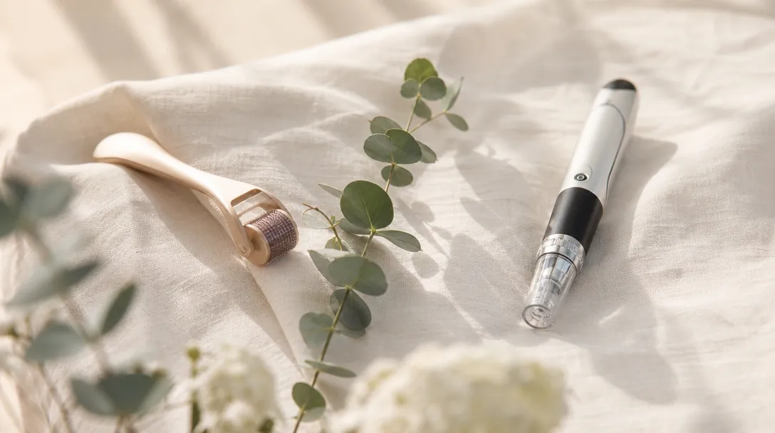 A CoLaz clinician in branded uniform holds an automated microneedling pen device next to a patient during a calm in-clinic treatment