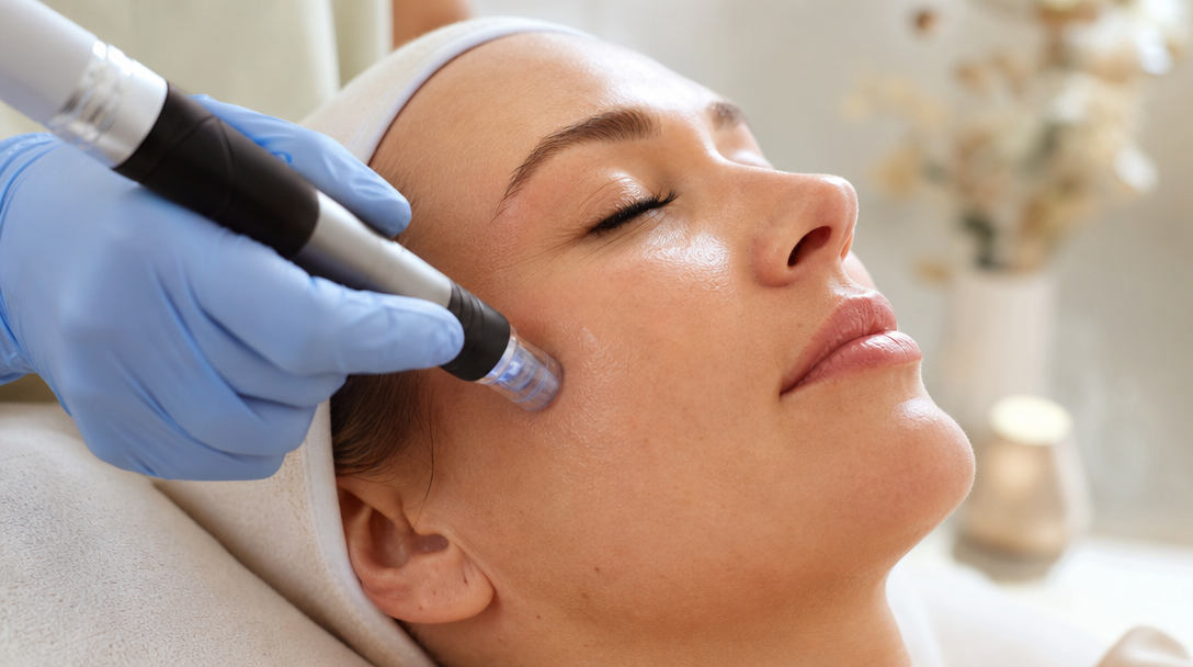 A gloved clinician's hand guiding a microneedling handpiece across a patient's cheek in a warm treatment room