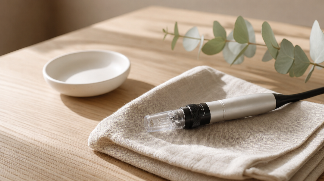 Editorial still life of a microneedling handpiece, a folded cream cloth and a sprig of eucalyptus on a warm wood surface