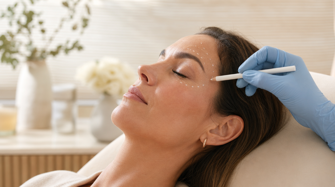 A clinician gently marks assessment points on a relaxed patient's upper face during a wrinkle consultation