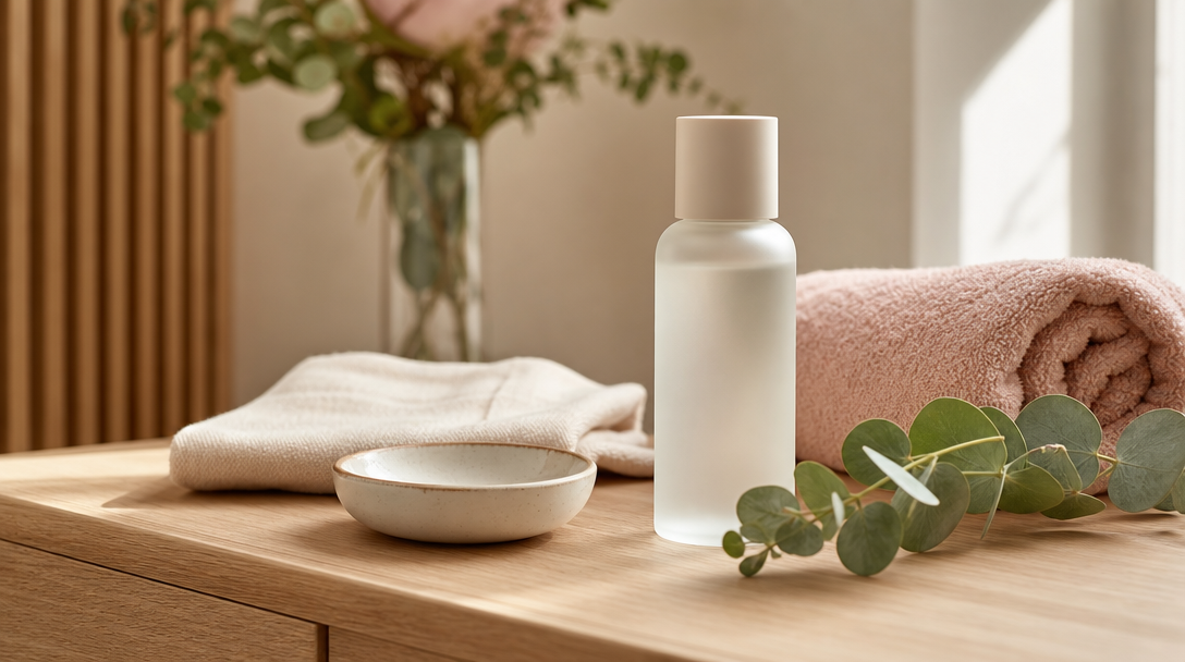 A calm still-life of skincare tools on a warm wooden surface beside a sprig of eucalyptus