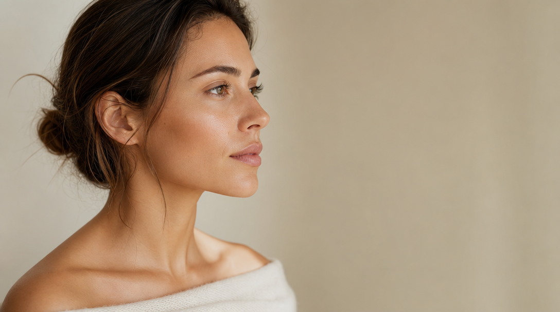 Close-up side profile of a woman's face in soft natural side light against a cream background, showing even-toned skin and a natural nose profile