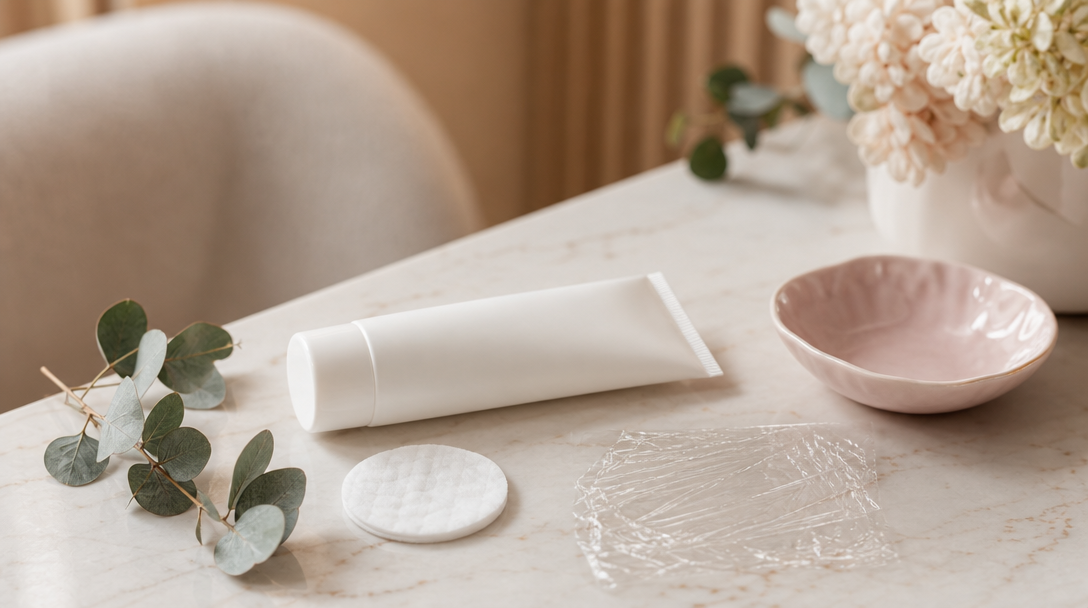 Editorial still life of a plain numbing-cream tube, a cotton pad, a small piece of film and a sprig of eucalyptus on a cream marble surface