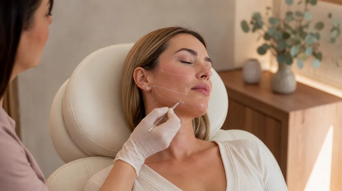 A CoLaz clinician marks the planned thread placement on a patient's lower face and jawline at a softly lit consultation room