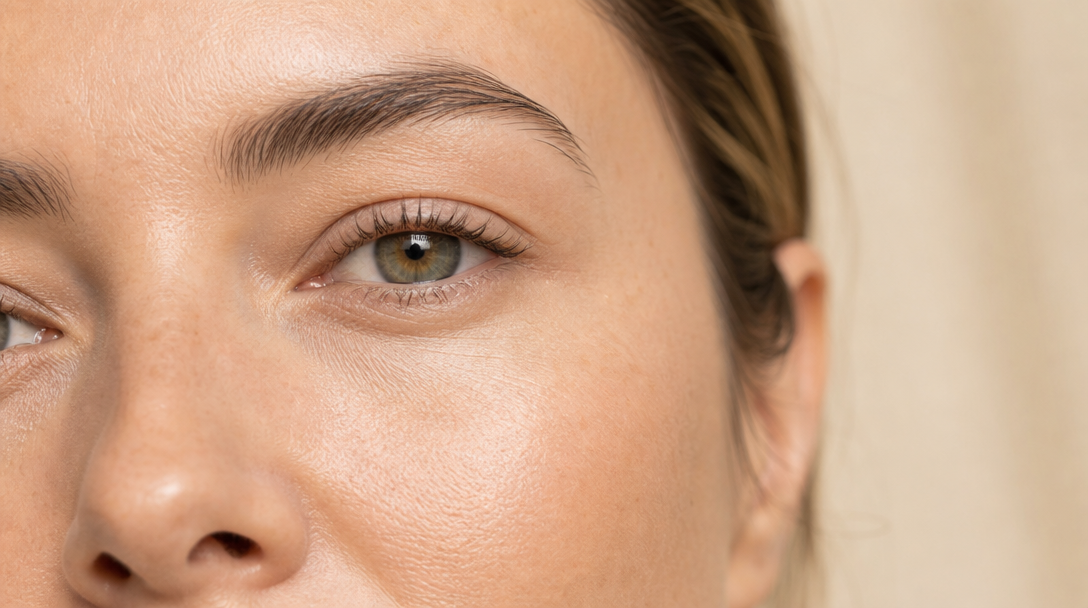 Close-up of smooth, naturally glowing under-eye skin resting against a soft cream towel