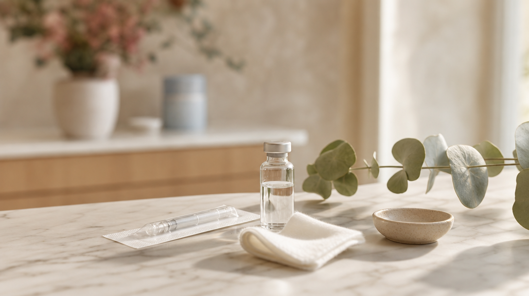 Editorial still life of a treatment vial, cotton pad and a sprig of eucalyptus on a cream surface