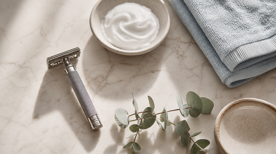 Editorial still life of a safety razor, a dish of shaving cream, a soft towel and a sprig of eucalyptus on a cream surface