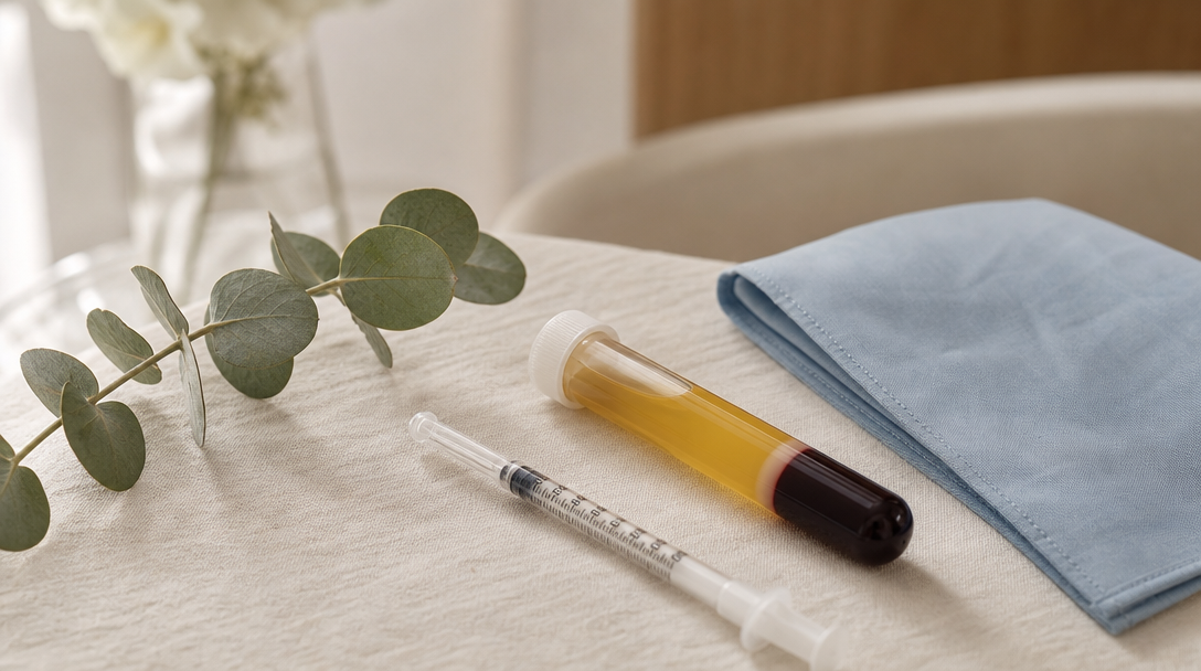 A close-up of a centrifuge tube of separated platelet-rich plasma being drawn into a syringe on a cream surface