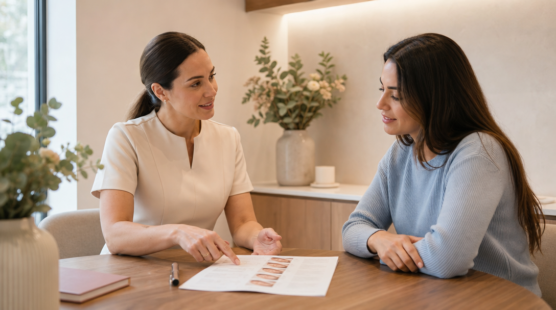 A CoLaz clinician and patient reviewing a treatment plan together at a low wooden table in a calm consultation room